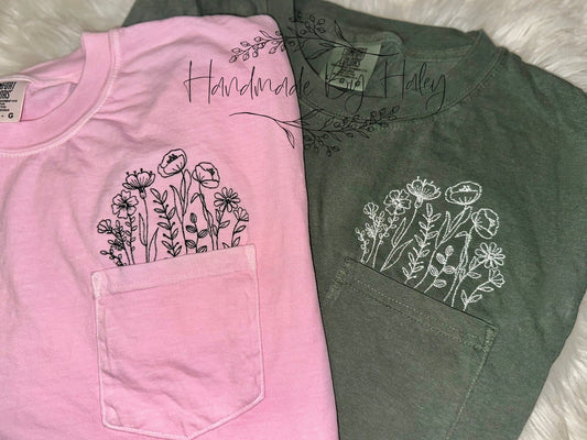 Embroidered Flower Pocket T-Shirt
