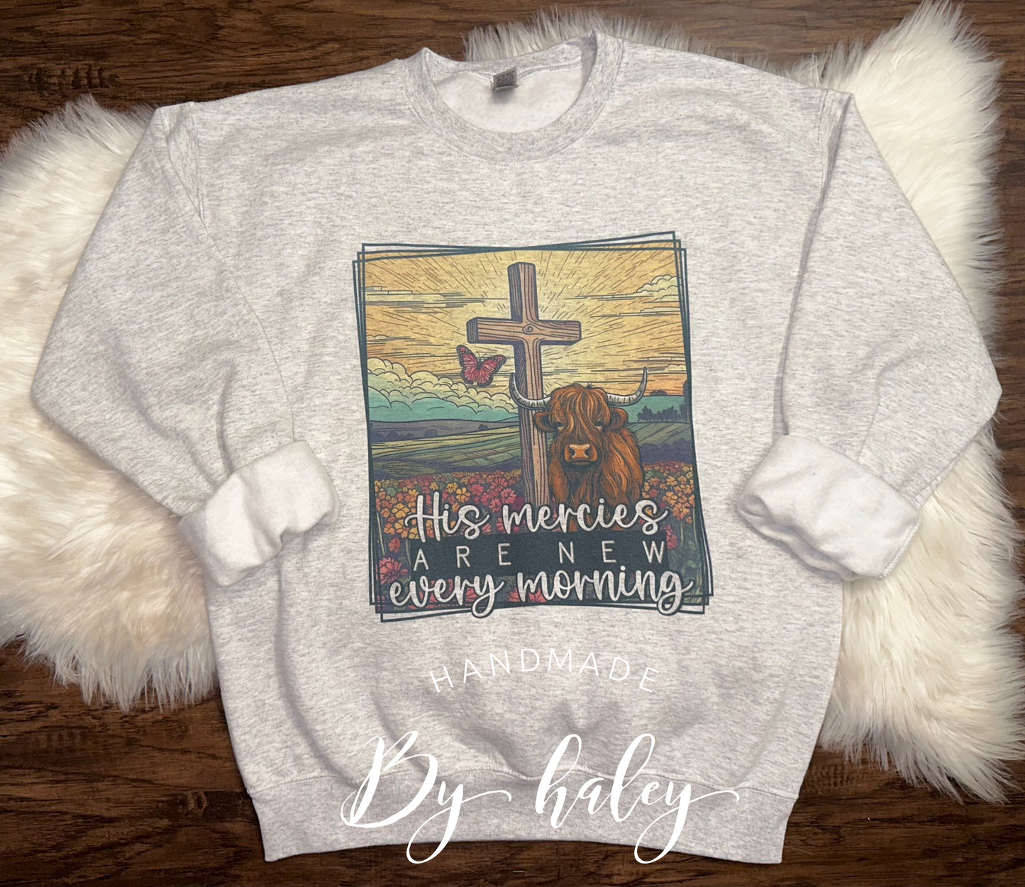 His Mercies Highland Cow Crewneck