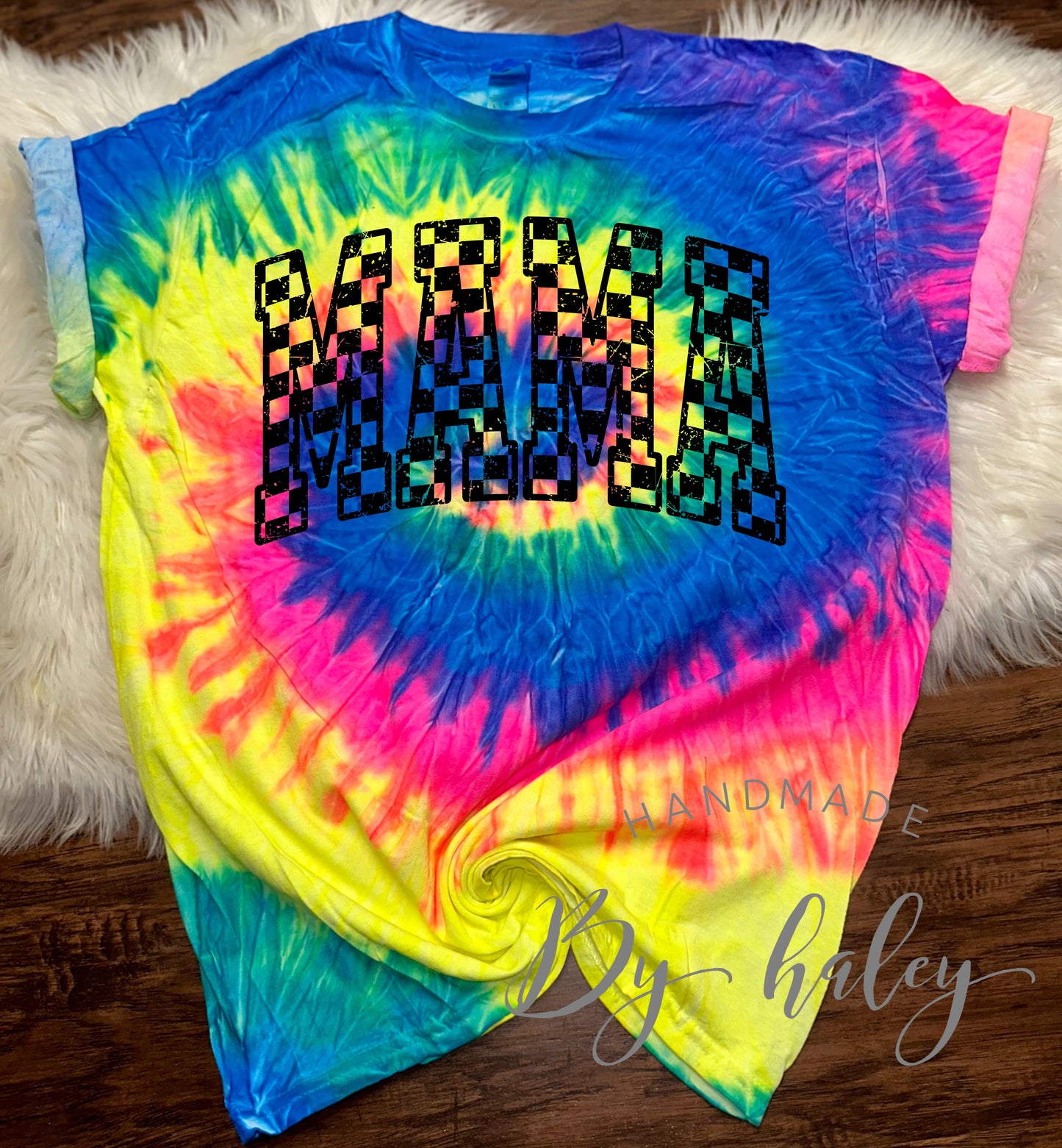 Tie Dye Checkered Mama T-shirt