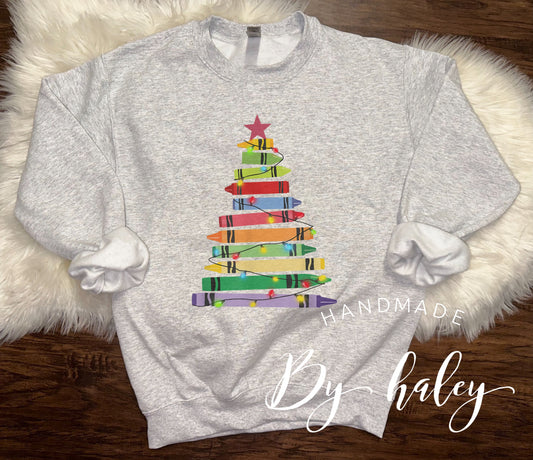 Teacher Crayon Christmas Tree Crewneck